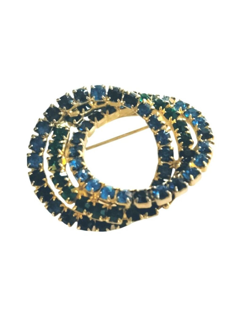 Triple Interlocking Circles Pin Blue Green Rhinestone Brooch